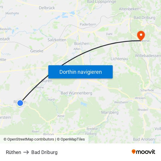 Rüthen to Bad Driburg map
