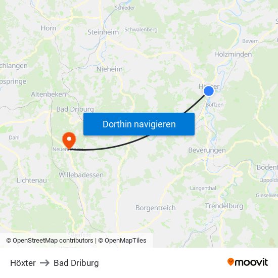 Höxter to Bad Driburg map