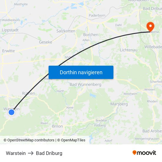 Warstein to Bad Driburg map
