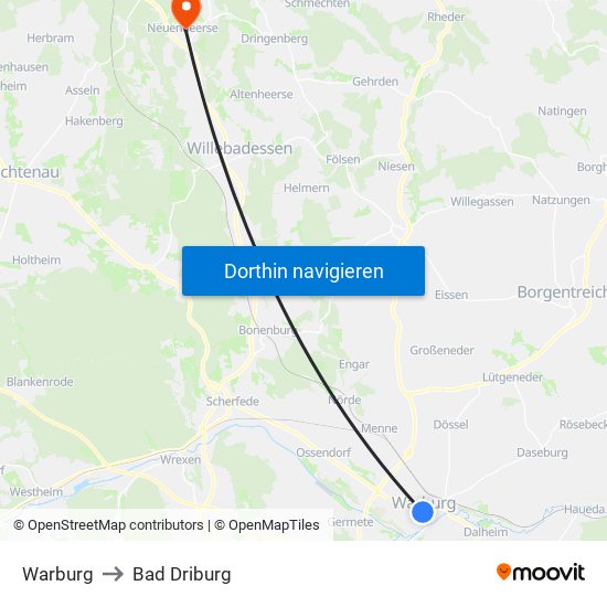 Warburg to Bad Driburg map