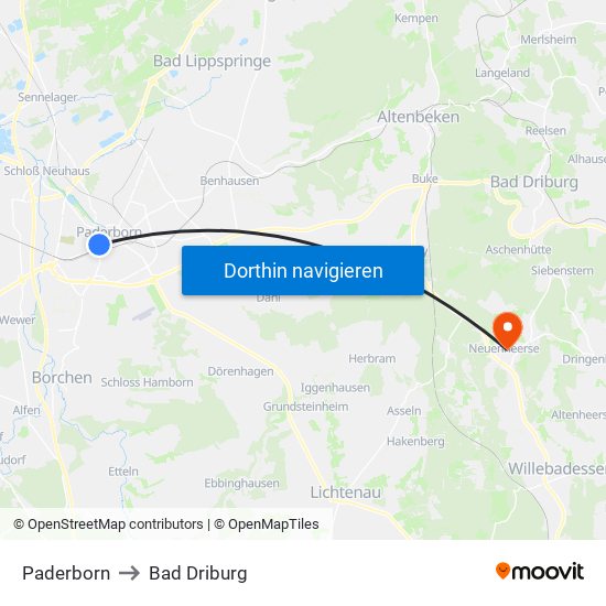 Paderborn to Bad Driburg map