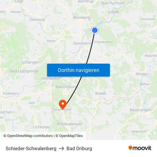 Schieder-Schwalenberg to Bad Driburg map