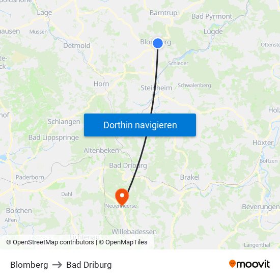 Blomberg to Bad Driburg map