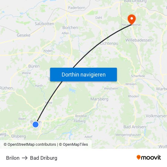 Brilon to Bad Driburg map