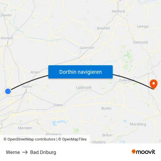 Werne to Bad Driburg map