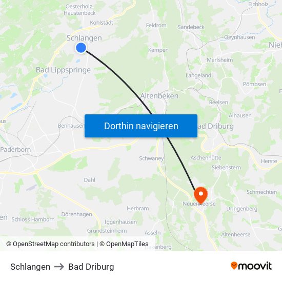 Schlangen to Bad Driburg map