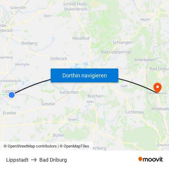 Lippstadt to Bad Driburg map