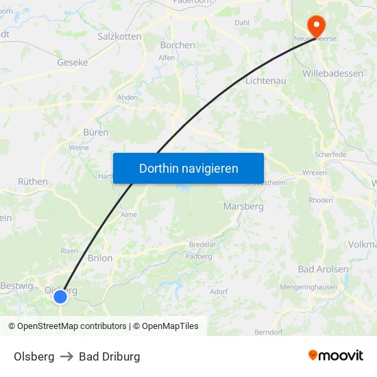 Olsberg to Bad Driburg map