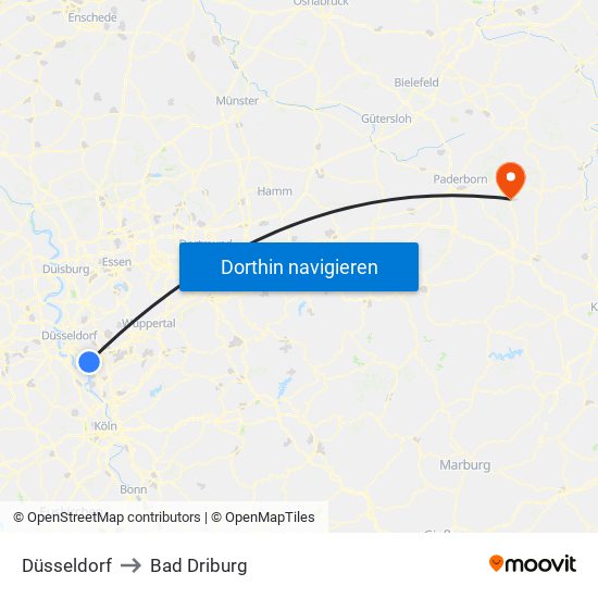 Düsseldorf to Bad Driburg map