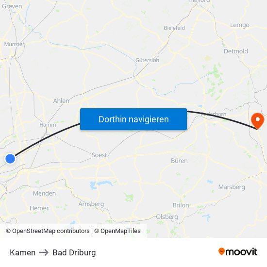 Kamen to Bad Driburg map