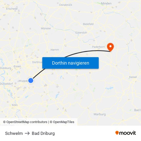 Schwelm to Bad Driburg map