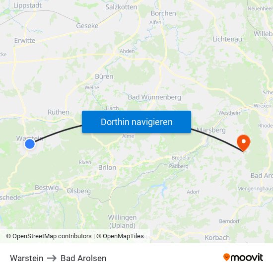 Warstein to Bad Arolsen map