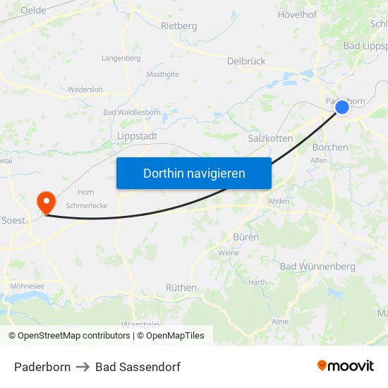 Paderborn to Bad Sassendorf map