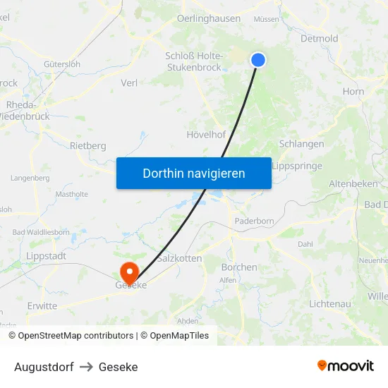 Augustdorf to Geseke map