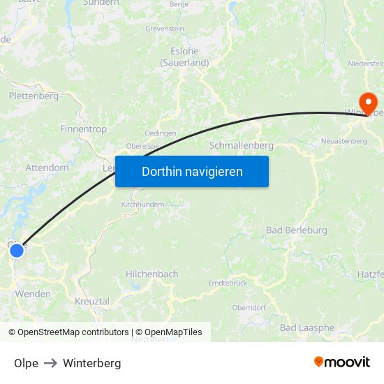 Olpe to Winterberg map