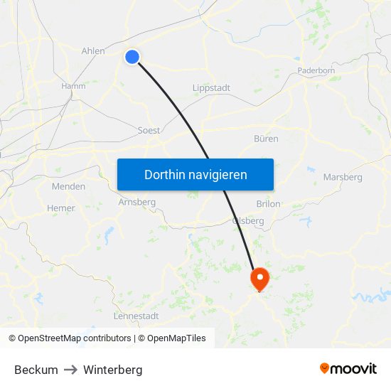 Beckum to Winterberg map