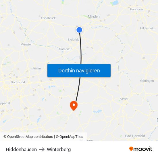 Hiddenhausen to Winterberg map