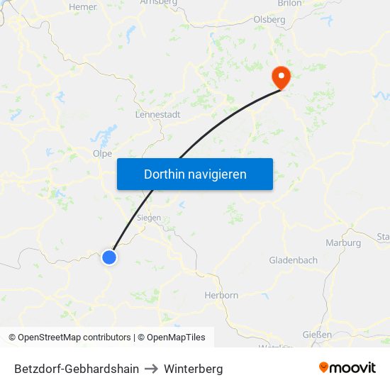 Betzdorf-Gebhardshain to Winterberg map