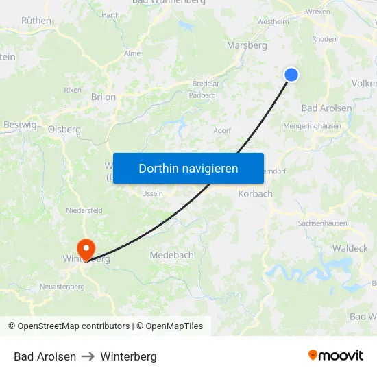 Bad Arolsen to Winterberg map