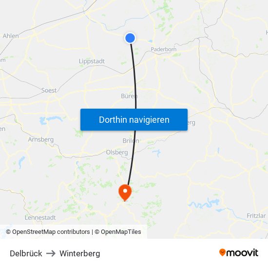 Delbrück to Winterberg map