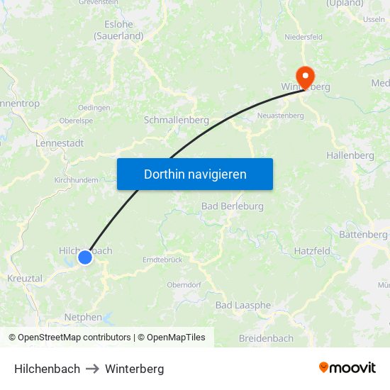 Hilchenbach to Winterberg map