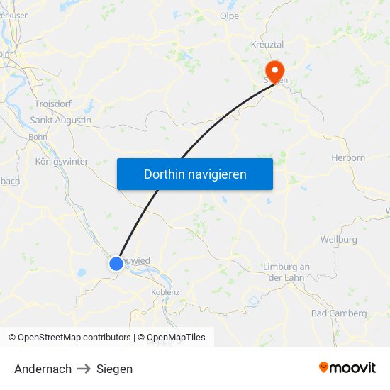 Andernach to Siegen map