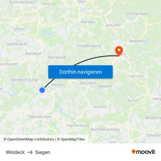 Windeck to Siegen map