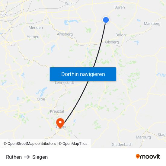 Rüthen to Siegen map