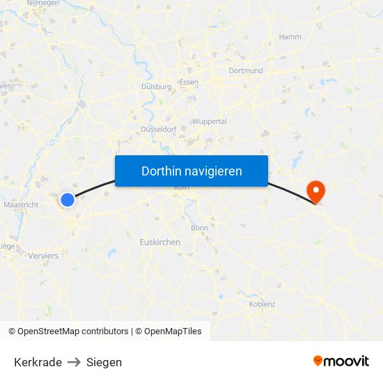 Kerkrade to Siegen map