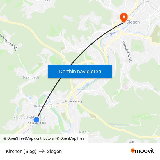 Kirchen (Sieg) to Siegen map