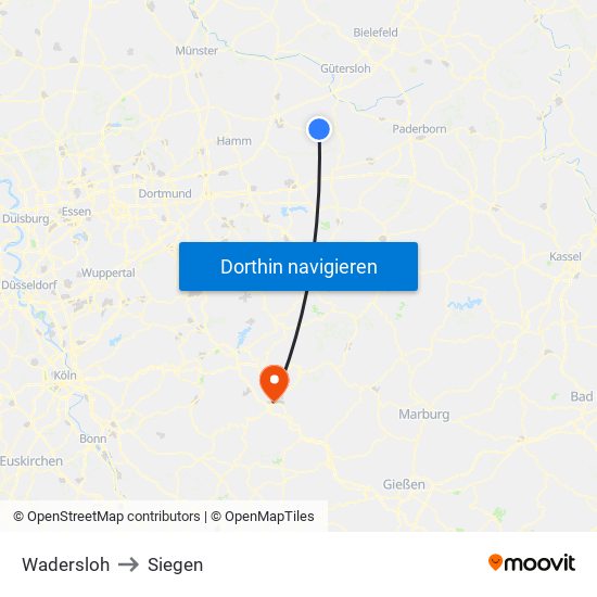 Wadersloh to Siegen map