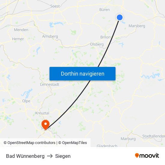 Bad Wünnenberg to Siegen map