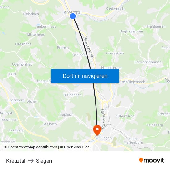 Kreuztal to Siegen map