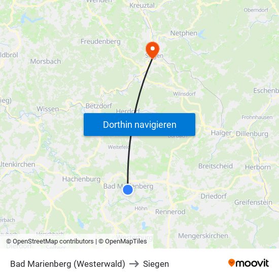 Bad Marienberg (Westerwald) to Siegen map