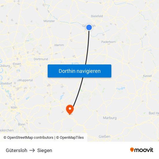 Gütersloh to Siegen map