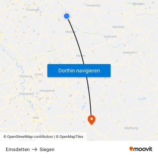 Emsdetten to Siegen map
