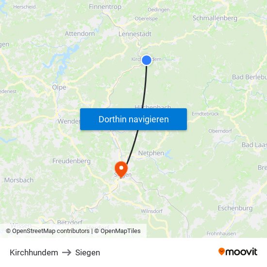 Kirchhundem to Siegen map