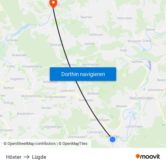 Höxter to Lügde map