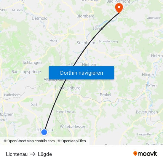 Lichtenau to Lügde map