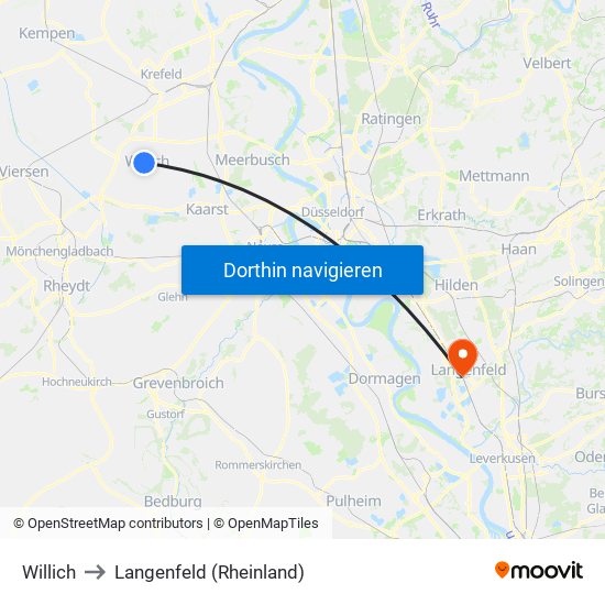 Willich to Langenfeld (Rheinland) map