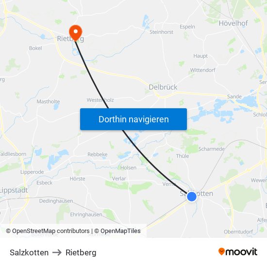 Salzkotten to Rietberg map