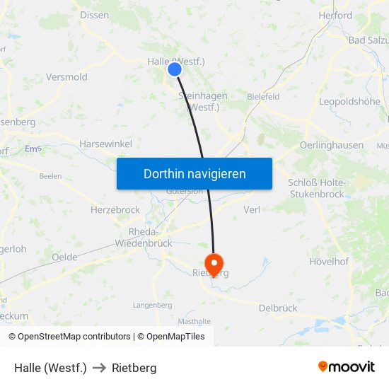 Halle (Westf.) to Rietberg map