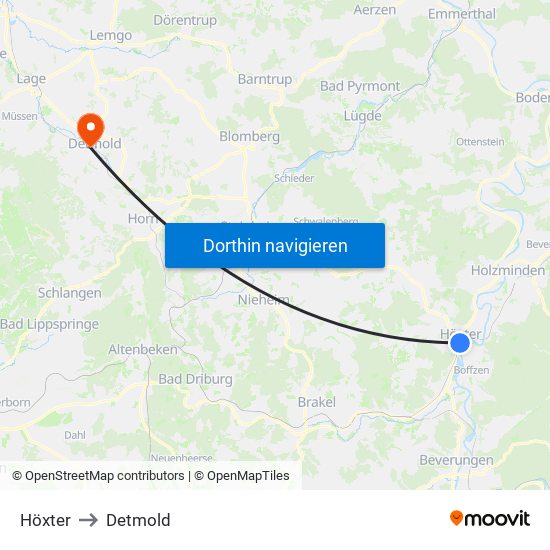 Höxter to Detmold map