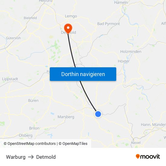 Warburg to Detmold map