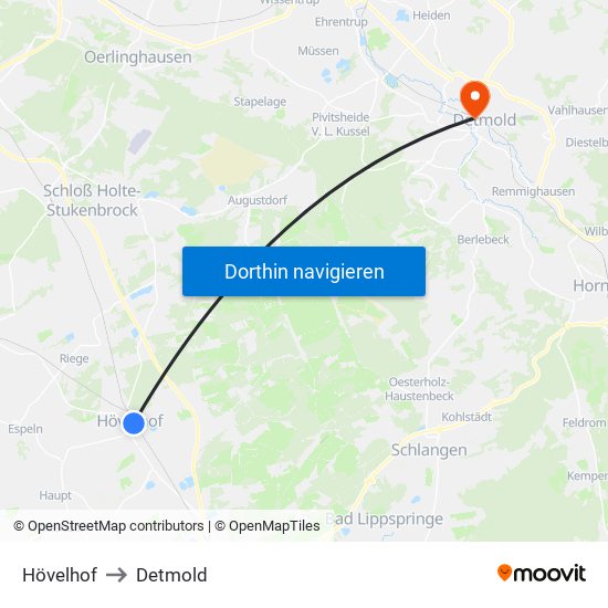 Hövelhof to Detmold map