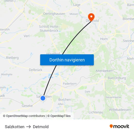 Salzkotten to Detmold map