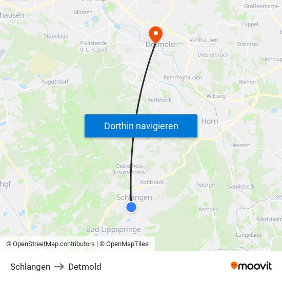 Schlangen to Detmold map