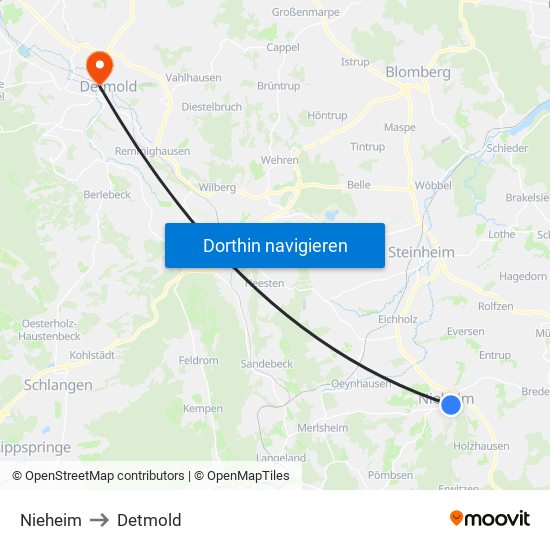 Nieheim to Detmold map