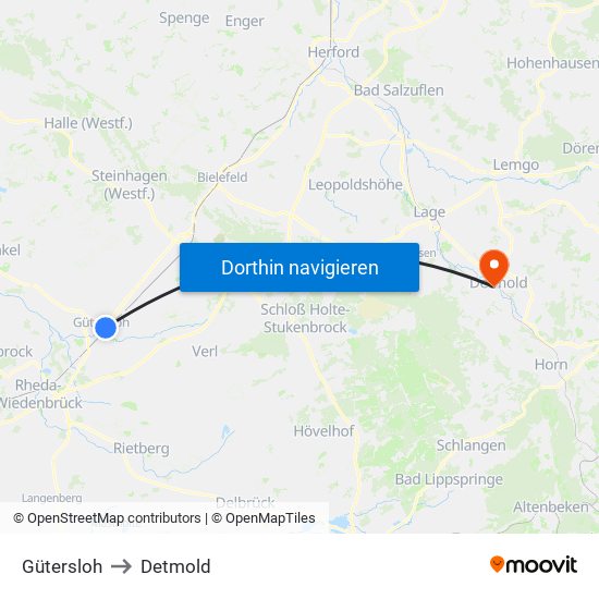 Gütersloh to Detmold map