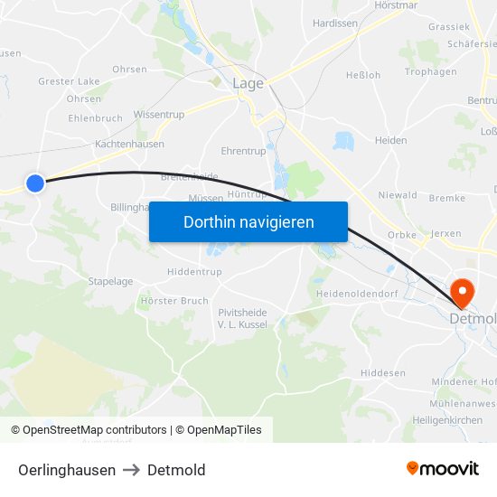 Oerlinghausen to Detmold map